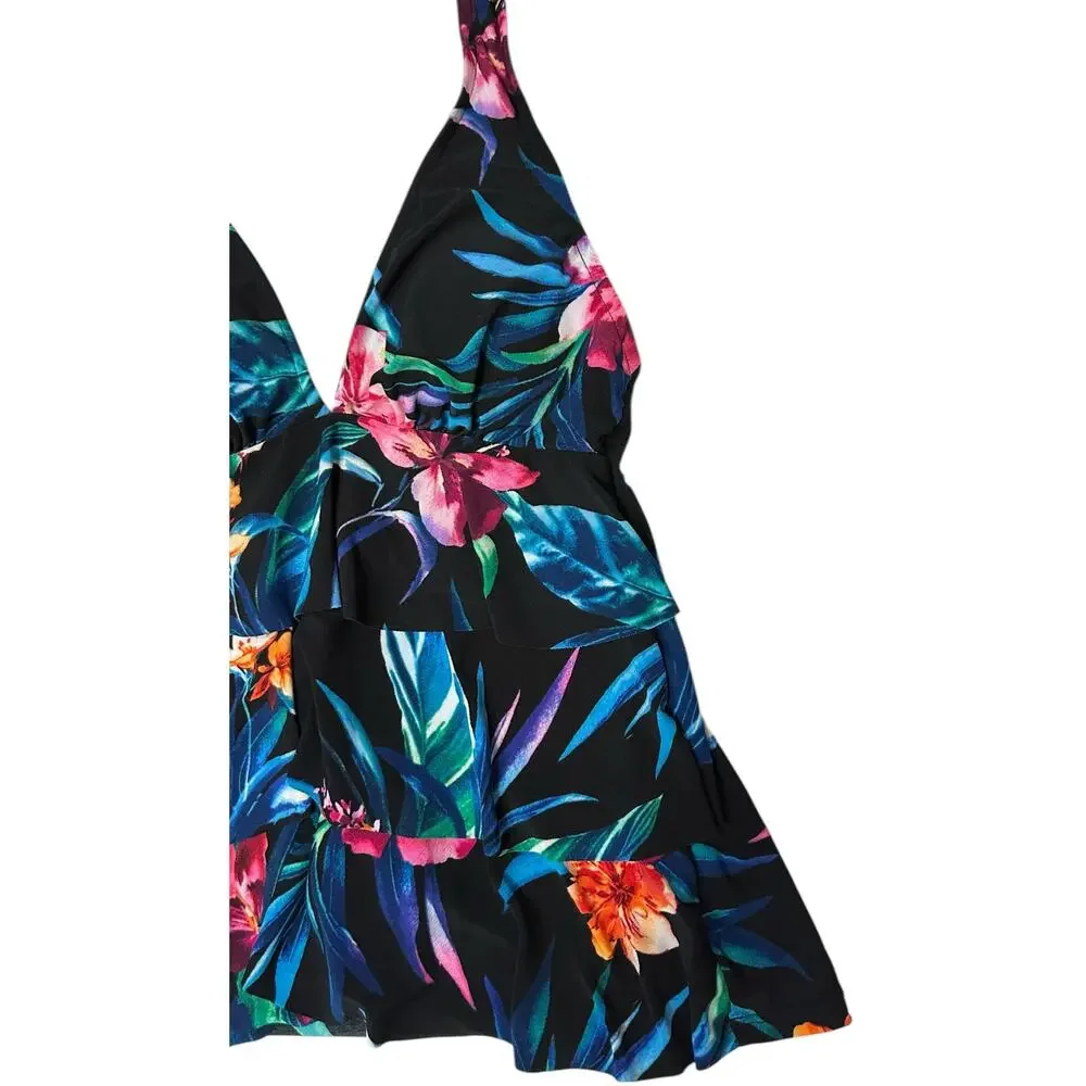 2/$30 NWT Swim Solutions Triple Tier Halter Tankini Swim Top Floral Size 8